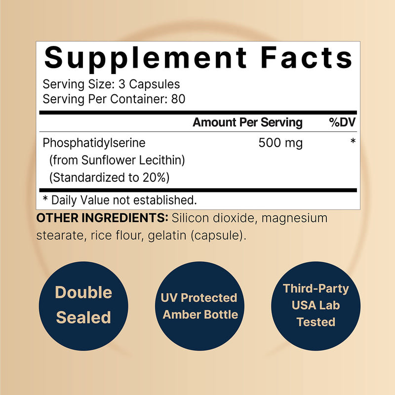 Ultra Strength Phosphatidylserine Supplement 500mg Per Serving, 240 Capsules | Soy Free, Derived from Sunflower Lecithin – Supports Cognitive Health and Brain Function – Non-GMO