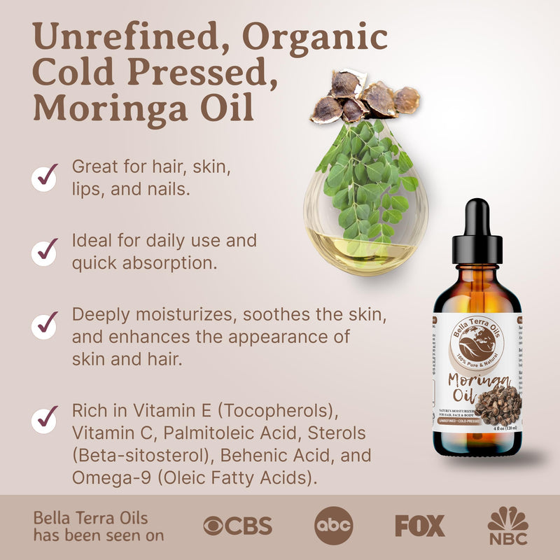 Bella Terra Oils - Natural Moringa Seed Oil 2oz - A Blend of Nature's Best, High in Oleic Acid & Vitamin E, For a Touch of Luxurious Smoothness 2 Fl Oz (Pack of 1)