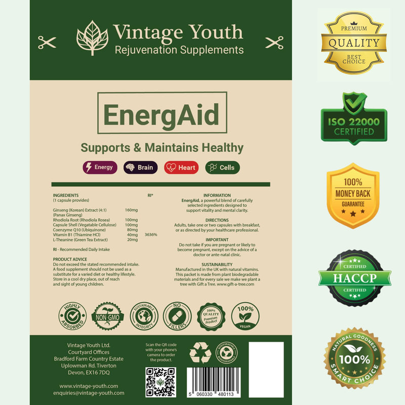 EnergAid Energy & Stamina Supplement | Natural Caffeine-Free Pre-Workout with Korean Ginseng, CoQ10, Rhodiola & B Vitamins | Reduces Fatigue, Supports Focus & Metabolism | Vegan | Made in UK