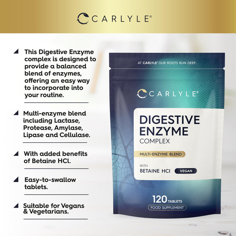 Digestive Enzyme Supplements with Betaine Hydrochloride | 120 Tablets | Complex with Lactase, Amylase & Lipase | Suitable for Vegetarians and Vegans | by Carlyle