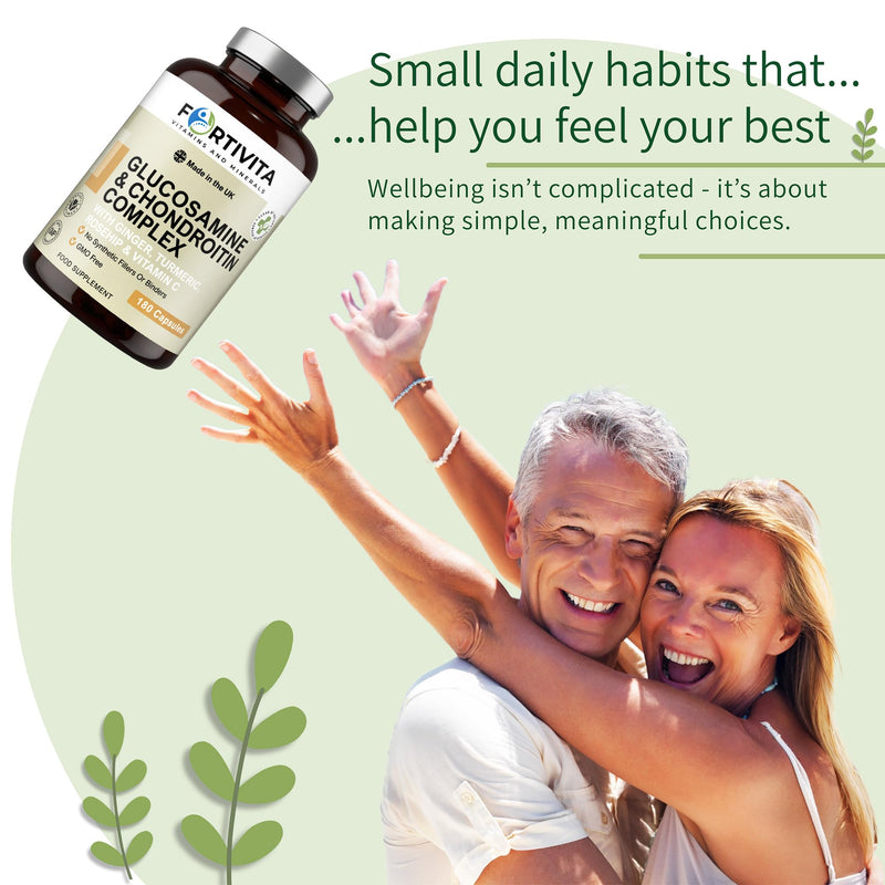 Glucosamine & Chondroitin Complex with Vitamin C, Turmeric, Ginger & Rosehip - UK Made, GMO Free, 180 Capsules