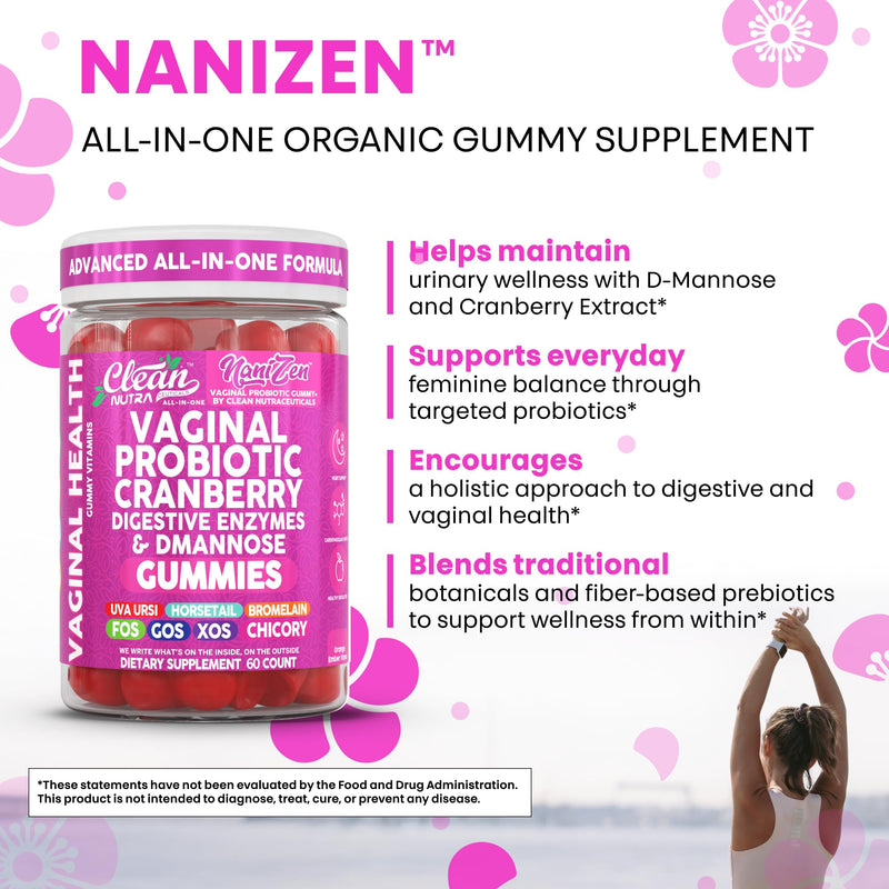 Clean Nutra Vaginal Probiotic Gummies for Women Cranberry Digestive Enzymes D Mannose Womens Probiotic Dmannose Horsetail Bromelain Chicory Fiber Feminine Care Prebiotics Inulin Papaya Enzyme Gummy