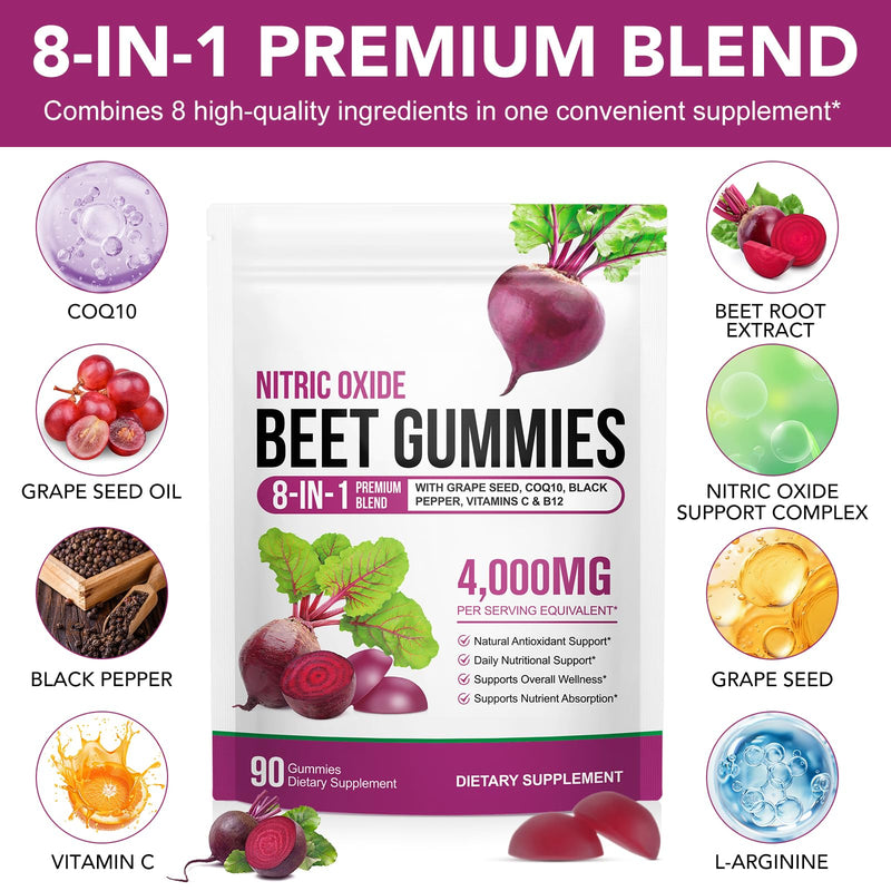 Beetroot Gummies for Blood Pressure, Heart Health Support, Energy Level Support, Promoting Nitric Oxide, Enriched with 200mg CoQ10 & Beet Root Extract, Vitamin B12, C, Sugar-Free, 90 Chews