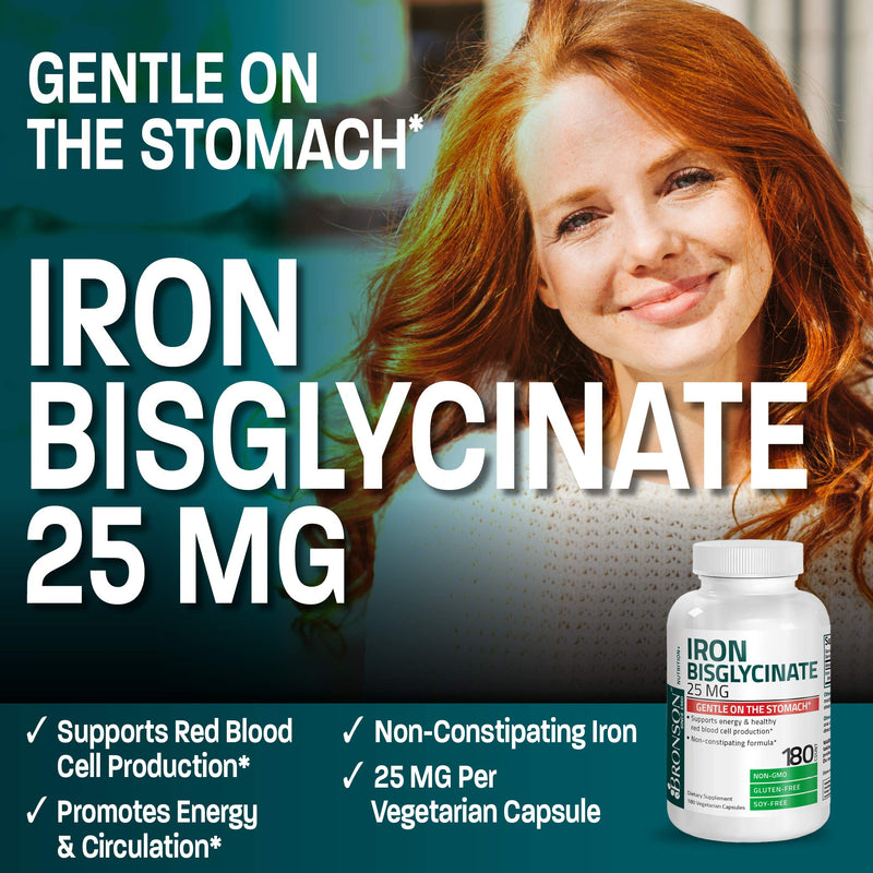 Bronson Iron Bisglycinate 25 mg Gentle on The Stomach, Supports Energy & Healthy Red Blood Cell Production - Non-Constipating Formula - Non GMO, 180 Vegetarian Capsules 180 Count (Pack of 1)