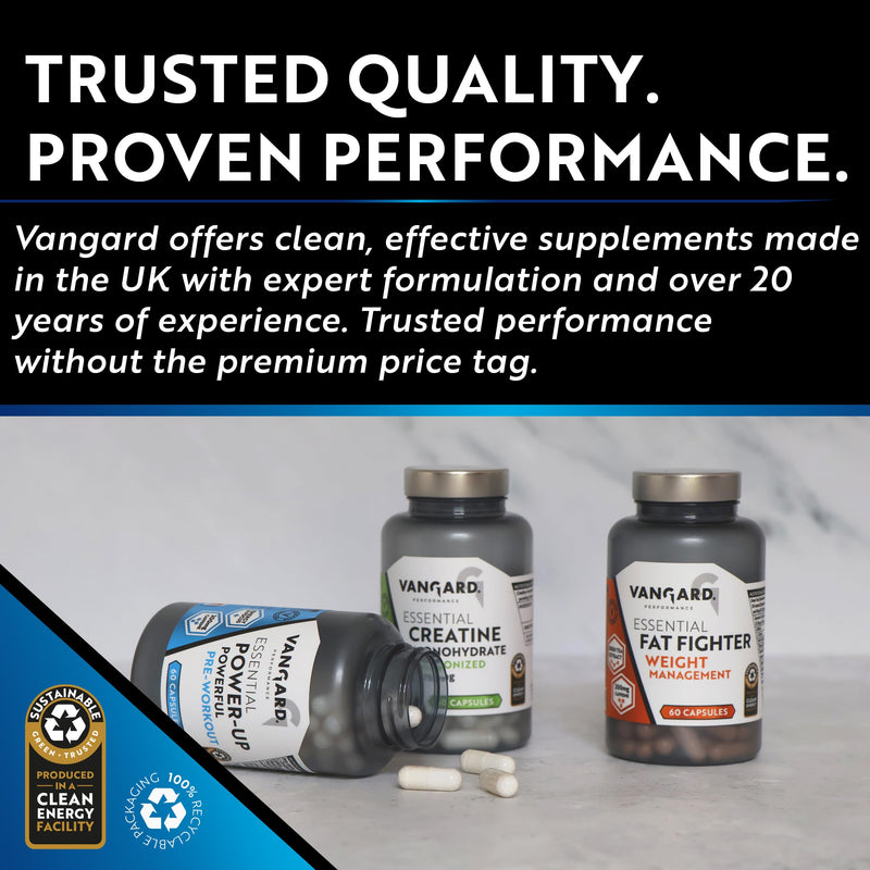Vangard Essential Power Up Pre Workout Capsules - 15 Servings (60 Capsules), Made with Beta Alanine, Caffeine, Vitamin B3 and B5 to Improve Endurance Performance