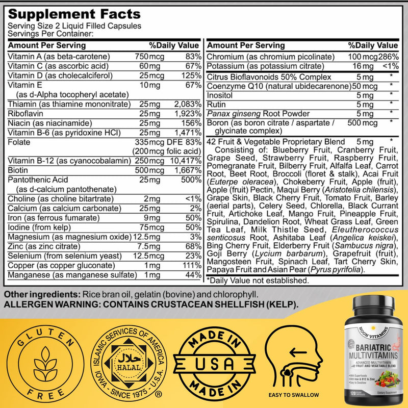Bariatric Multivitamin with Iron for Women & Men - All-in-One 42 Superfood Blend for Energy & Immune Support - Post-Surgery Recovery, Easy-to-Swallow, Halal, Made in USA (120 Liquid Capsules) 120 Capsules