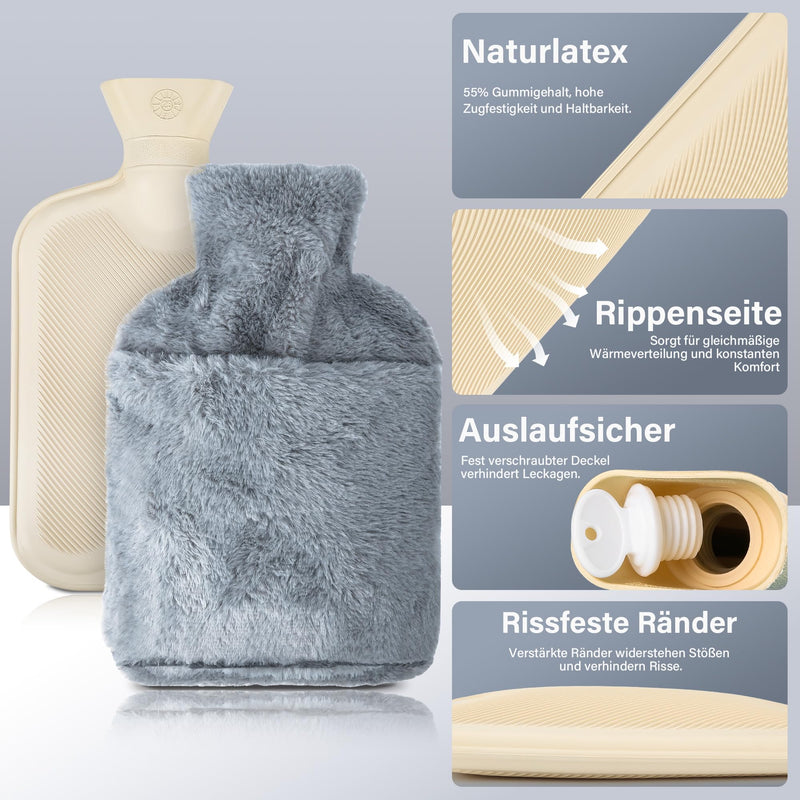 [Australia] - Hot Water Bottle, 2L Hot Water Bottle with Cover Large Fluffy Kangaroo, Thermophore with Leak-Proof Rubber, Hand Warmer for Children and Adults Hot Water Bottles for Back, Stomach Periods Pain Relief 2L Gray 