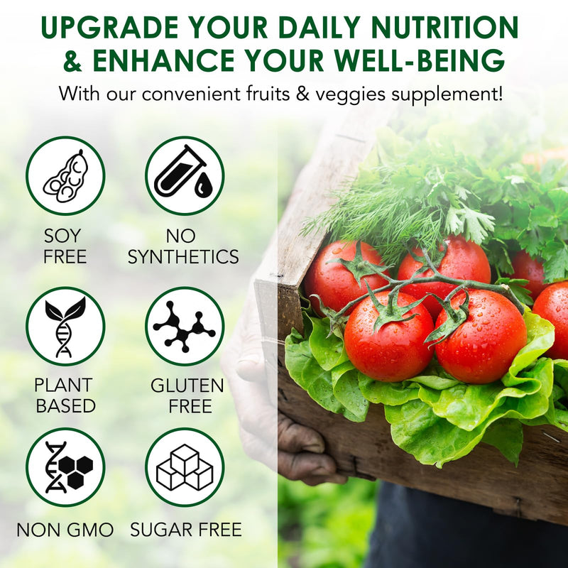 Fruits & Veggies Capsules – Daily Superfood Blend with 30+ Fruits & Vegetables – 2 Bottles, 180 Vegetarian Capsules (3 Month Supply) – Plant-Based, Non-GMO, Gluten Free