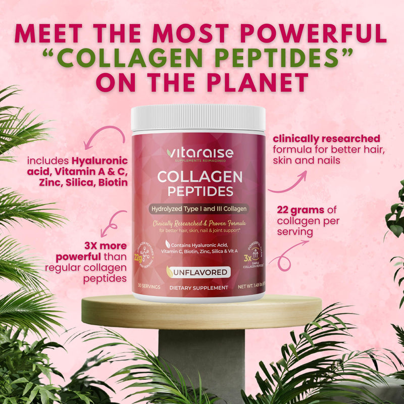 Hydrolyzed Collagen Powder, Grass Fed, Hair Skin Nails, 22g/Serving, 1.49lb | Type I & III, 3X Powerful Bovine Collagen Powder for Women & Men, Unflavored, Gluten Free, 30 servings, Hyaluronic Acid