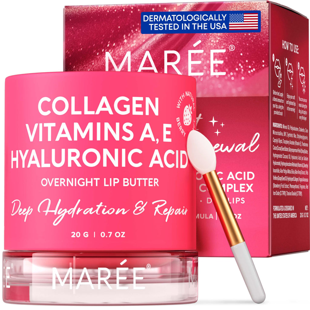 MAREE Lip Mask with Hyaluronic Acid & Coconut Oil - Overnight Collagen Lip Butter to Nourish & Hydrate Dry Cracked Lips - Moisturizer for Skin Care with Shea & Cocoa Butter - Sleeping Lip Butter Balm