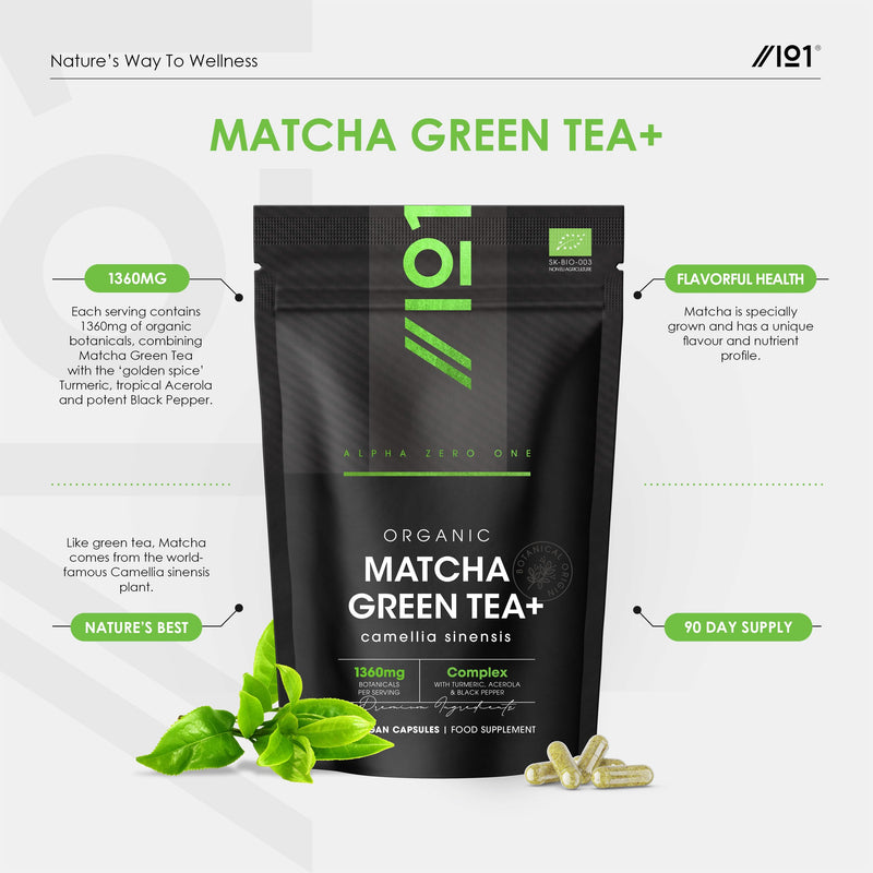 Organic Matcha Green Tea Extract 1360mg - 180 Vegan Capsules - Boosted with Turmeric, Acerola & Black Pepper – Resealable and Recyclable Pouch by Alpha01 1 count (Pack of 180)