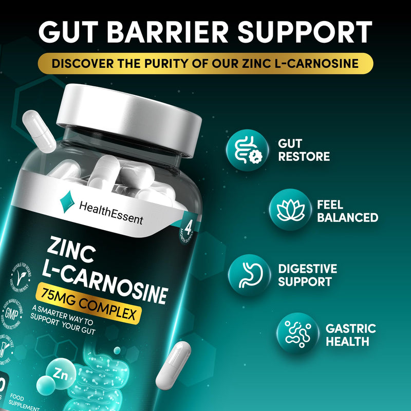 HealthEssent Zinc L-Carnosine Capsules 75mg - Gut & Stomach Health Supplement - (4 Month Supply) Digestive Care & Stomach Lining Protection, Non-GMO, No Preservatives - 120 Vegan Capsules