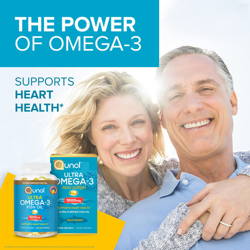 [Australia] - Qunol Fish Oil Omega 3 Mini Softgels, 1000mg Omega 3 EPA + DHA, Ultra Pure Supplements, Heart Health Support, Lemon Flavor, Easy to Swallow Minis, 3 Month Supply, 180 Count 180 Count (Pack of 1) 