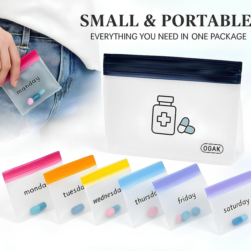 7 Day Pill Pouches Set with Labels, Reusable Silicone Pill Pouch Bags, Travel Medicine Organizer with Pill Cutter, Durable Vitamin Bags for Daily Dose 7 Count (Pack of 1) Black