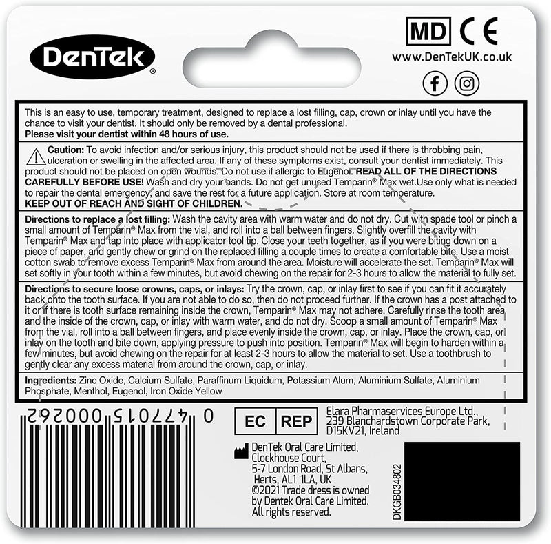 [Australia] - DenTek Temparin Max Dental Repair Kit for Lost Fillings, Caps and Crowns, 2.64g 