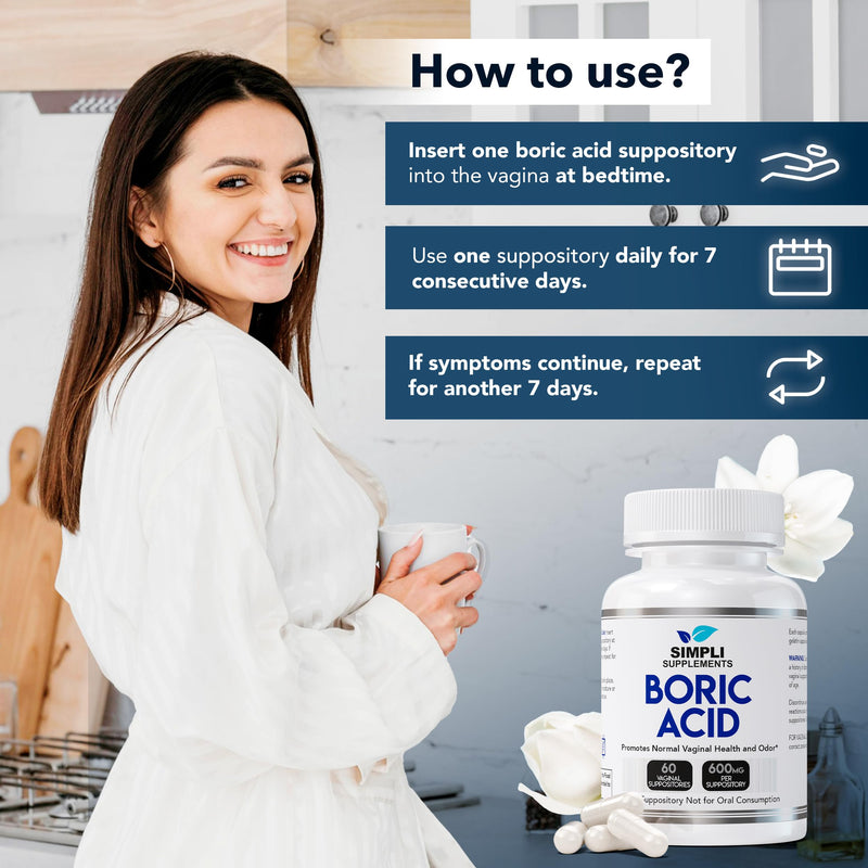 [Australia] - 60 Boric Acid Suppositories for Women | BV Treatment for Women | pH Balance Pills | Vaginal Care | Bacterial Vaginosis Treatment Boric Acid (600mg) 
