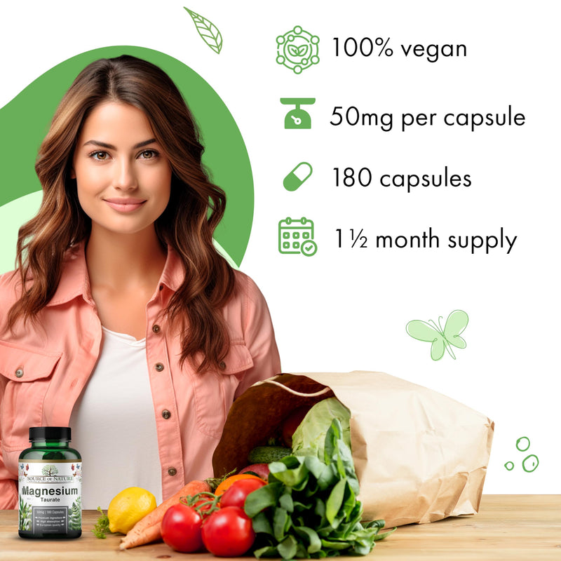 Source of Nature® | Magnesium Taurate 625mg | 180 Capsules | 45-Day Supply | 50mg Elemental | High Absorption | Gentle on Stomach | Lab-Tested Purity
