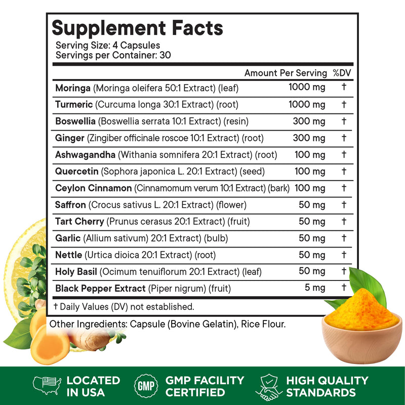 [Australia] - Moringa Supplement | Turmeric, Ginger, Boswellia, Saffron, Holy Basil, Nettle -Support Supplement for Women and Men with Ceylon Cinnamon, Quercetin, Tart Cherry- 240 Capsules 240 Capsules (Pack of 2) 