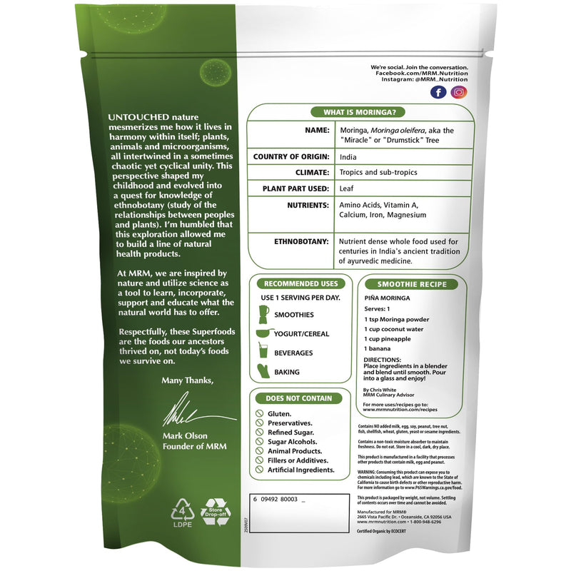 MRM Organic Moringa Powder - for Women & Men, Vegan - 60 Servings | USDA Organic Moringa Leaf Powder, Superfood High in Fiber & Antioxidants for Smoothies, Tea, and Daily Nutrition, Gluten-Free