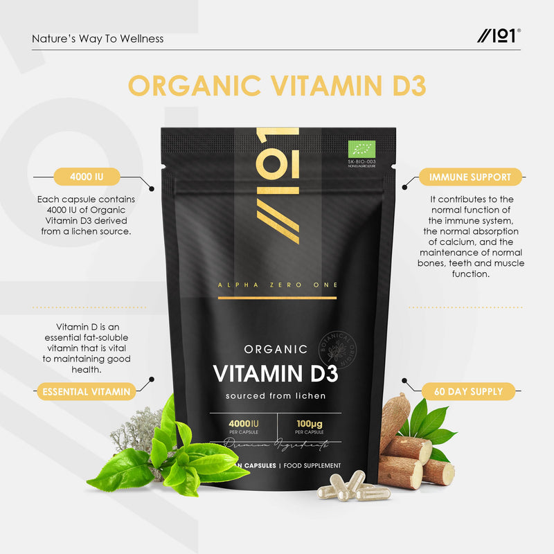 Organic Vitamin D3 4000 IU – 100% Plant Based (Lichen & Cassava) - 60 Vegan Capsules (2 Months Supply) – Resealable and Recyclable Pouch by Alpha01