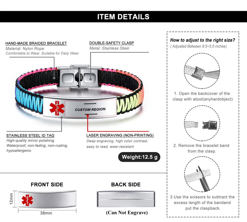 [Australia] - Medical Alert Bracelet for Women | T1D T2D Diabetes Epilepsy Medical Alert ID Emergency Bracelet for Girls & Boys | Handmade Nylon Rope Braided Bracelets, Adjustable Black+Rainbow A_Blood Thinner 