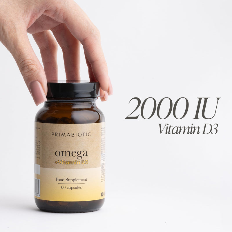 Omega 3 + D3 – Primabiotic Omega-3 Fish Oil 1000 mg + D3 (2000 IU) | High-Strength, Pure & Premium Supplement | 60 Capsules | Supports Heart, Brain & Immune System