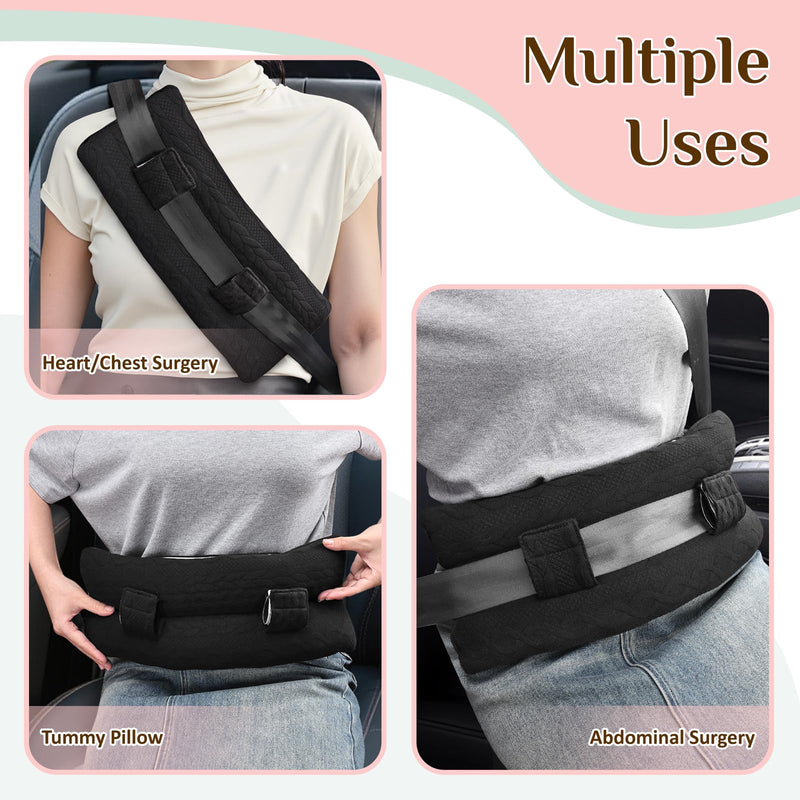 Seat Belt Pillow Post Surgery, Port Pillows for Chemo Patients Seatbelt Cushion with Pocket for Ice Hot Pack, Mastectomy Hysterectomy Pacemaker pillow,After Heart Surgery Recovery Gifts (Black, Large) Black
