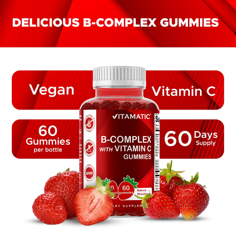 Vitamatic Vitamin B Complex Gummies with Vitamin C & Inositol - Natural Strawberry Flavor - 60 Gummies (1 Bottle) 1 Bottle