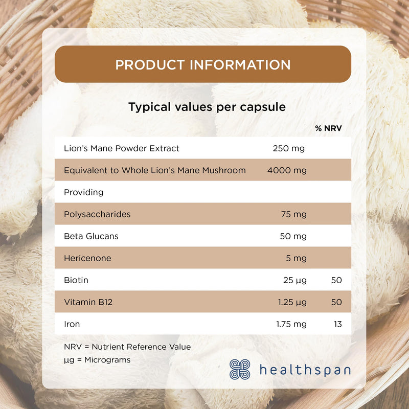 Healthspan Lion’s Mane Clarity & Focus (60 Capsules) | Stay Sharp and Focused | 4000mg Lion’s Mane Mushrooms | Supports Energy and Cognitive Function | with biotin, Vitamin B12 and Iron