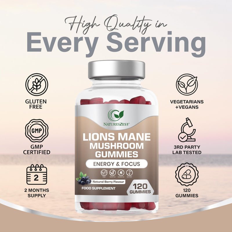 Lion’s Mane Mushroom Gummies 2000mg | 120 Gummies - High Strength Lions Mane Supplement for Focus & Memory | Vegan, Gluten-Free, Non-GMO Mushroom Supplement | Natural Berry Flavour