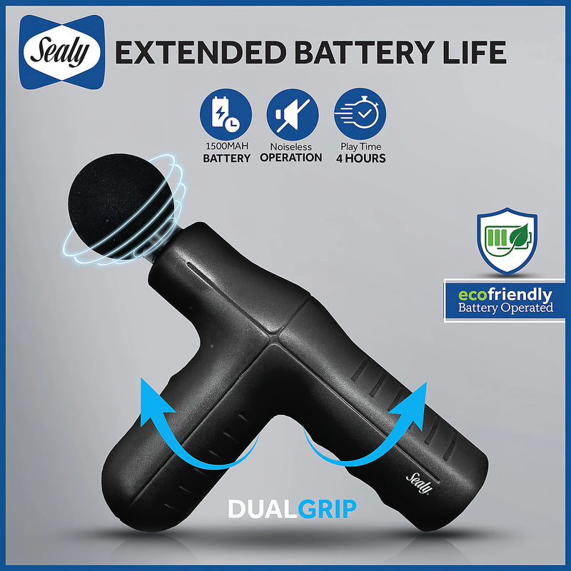 [Australia] - Sealy SL-HW-MA-101-BK Dual Grip Mini Massager, Black; 5-Speed high-Frequency Vibration; 4 Interchangeable Massage Heads; Dual Grip Handles; 4-Hour Charge Time; Rubberized Coating; Noiseless Operation 
