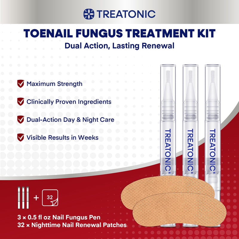Treatonic Toenail Fungus Treatment Kit: Antifungal Nail Fungus Treatment Extra Strength with 25% Undecylenic Acid (3 Pens) & 32 Night Fungal Nail Patches - Repairs Damaged & Restores Discolored Nails 1-Pack(3 Pens + 32 Patches-Arc)