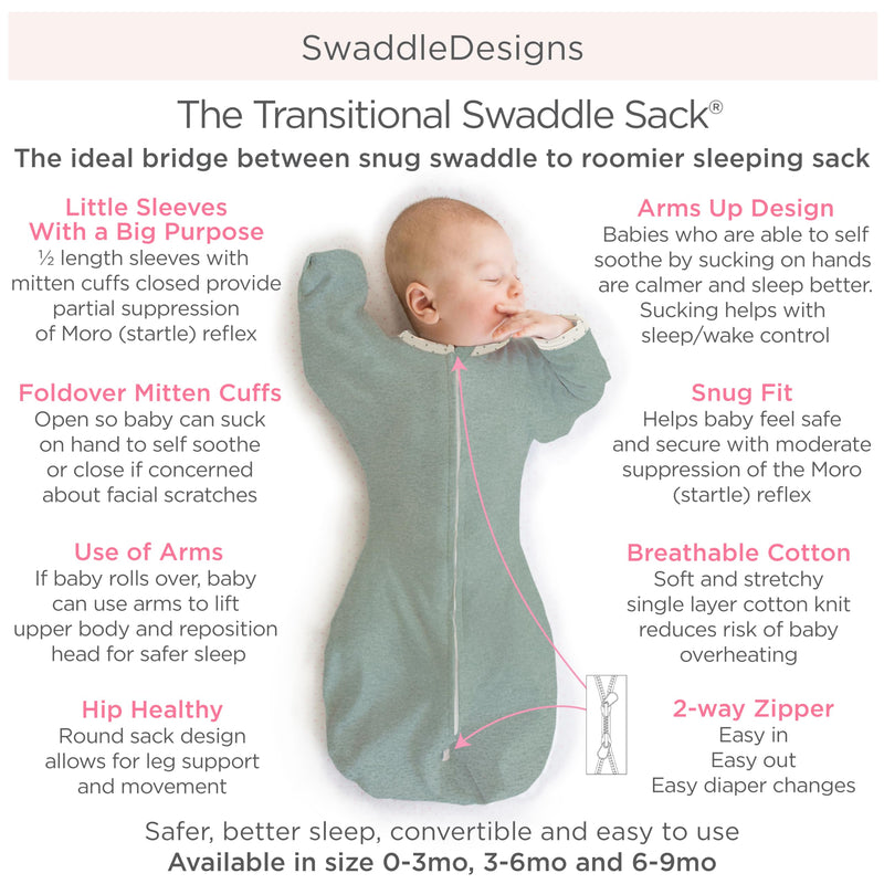 SwaddleDesigns Transitional Swaddle Sack with Arms Up Half-Length Sleeves and Mitten Cuffs, Medium, 3-6 months, 14-21 lb, Heathered Jadeite (Arms Up Swaddle, Transition Swaddle Sleep Sack) Medium (14-21 Pound)