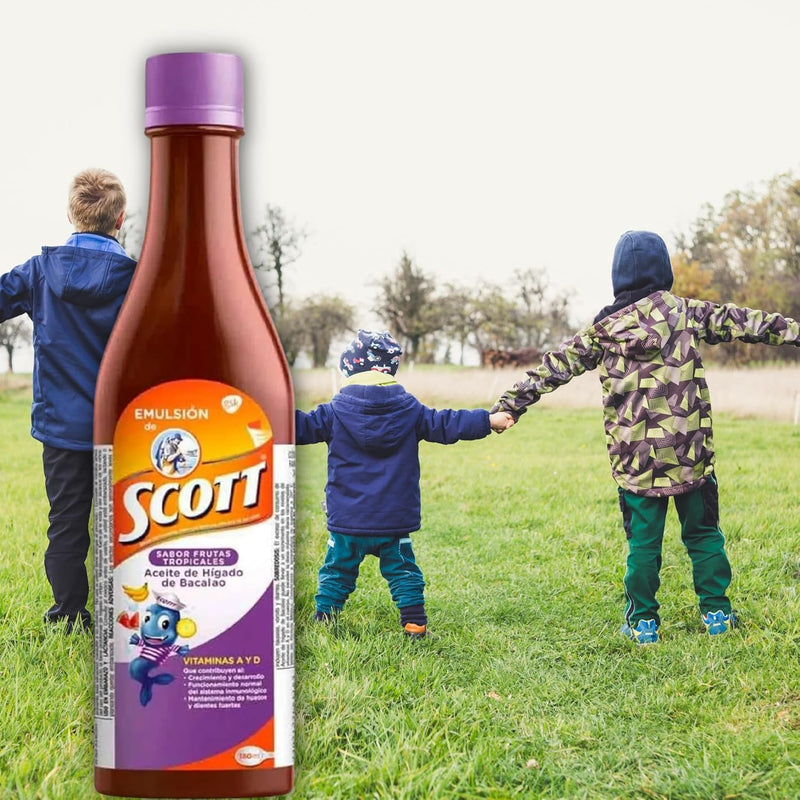 Emulsion de Scott Aceite de hígado de bacalao sabor Frutas Tropicales Pack de 2 de 6.1 fl oz - 180 ml - Suplemento dietético para niños con vitamina A y Calcio -