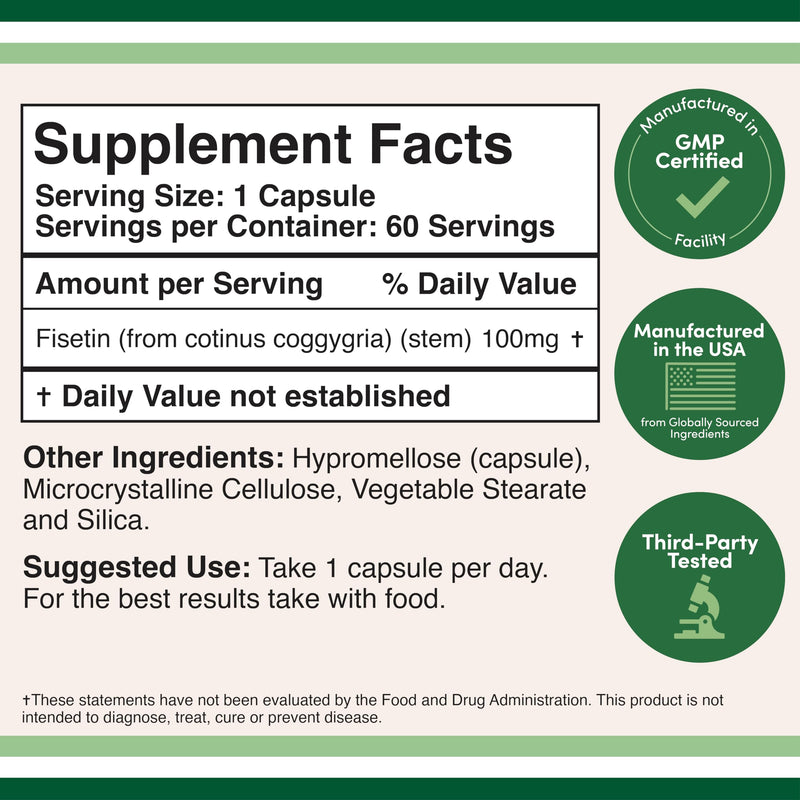 [Australia] - Fisetin Supplement - 100mg of Bioactive Flavnonols, 60 Count (Bioflavonoid Polyphenols Supplement Similar to Apigenin, Luteolin, and Quercetin) Aging Support Senolytic by Double Wood 
