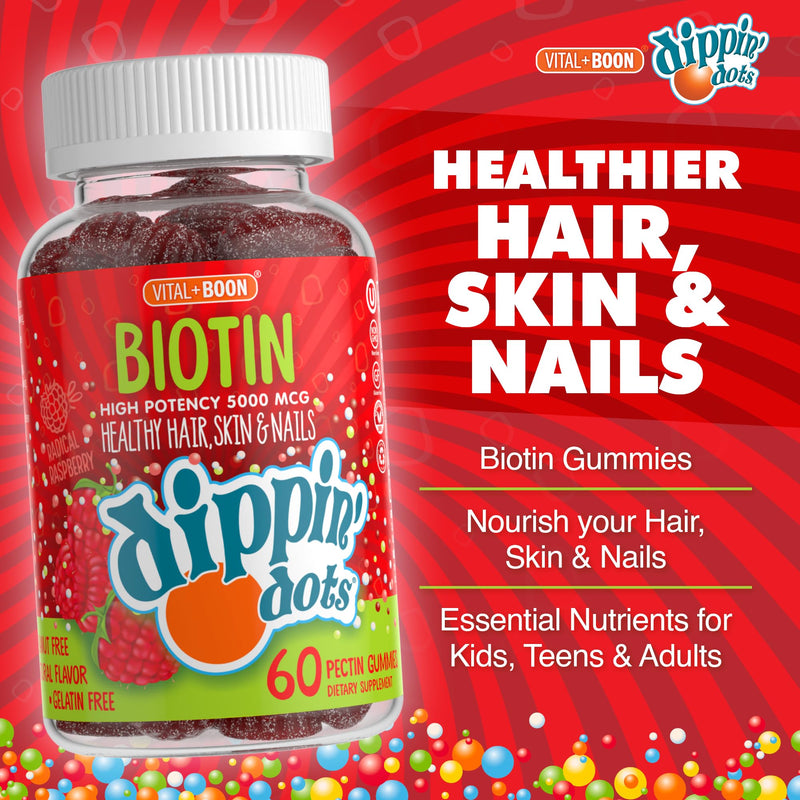 Vital+Boon - Extra Strength Biotin 5000mcg (60 Gummies) Healthy Hair, Skin & Nails | High Potency Biotin in Delicious Very Berry Raspberry Natural Fruit Pectin Chews | Vegan, Non-GMO Gluten Free | Raspberry biotin gummies support hair growth, hair vita...