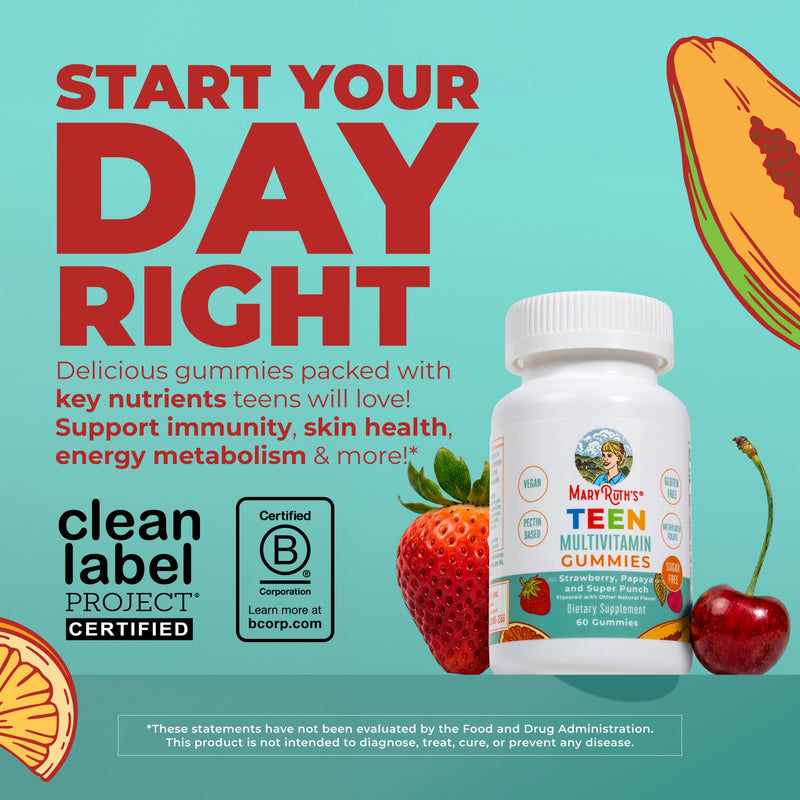 MaryRuth's Teen Multivitamin Gummies, Vegan, Sugar Free, Non-GMO, 60 Count | Supports immune, vision, skin, and tissue health with essential vitamins and minerals