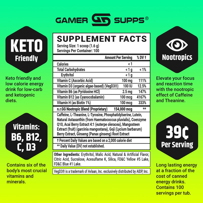 [Australia] - Gamer Supps, GG Energy Lemonade (100 Servings) - Keto Friendly Gaming Energy and Nootropic Blend, Sugar Free + Organic Caffeine + Vitamins + Immune Support, Powder Energy Drink 