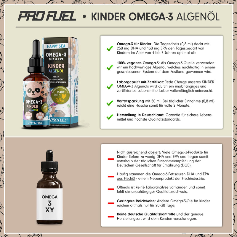 [Australia] - Omega-3 Vegan for CHILDREN (50 ml) - DHA & EPA - Omega-3 algae oil with 250 mg DHA and 130 mg EPA per day - delicious orange flavor - laboratory tested with certificate - supply for 62 days - 100% vegan 1x 50 ml algae oil 
