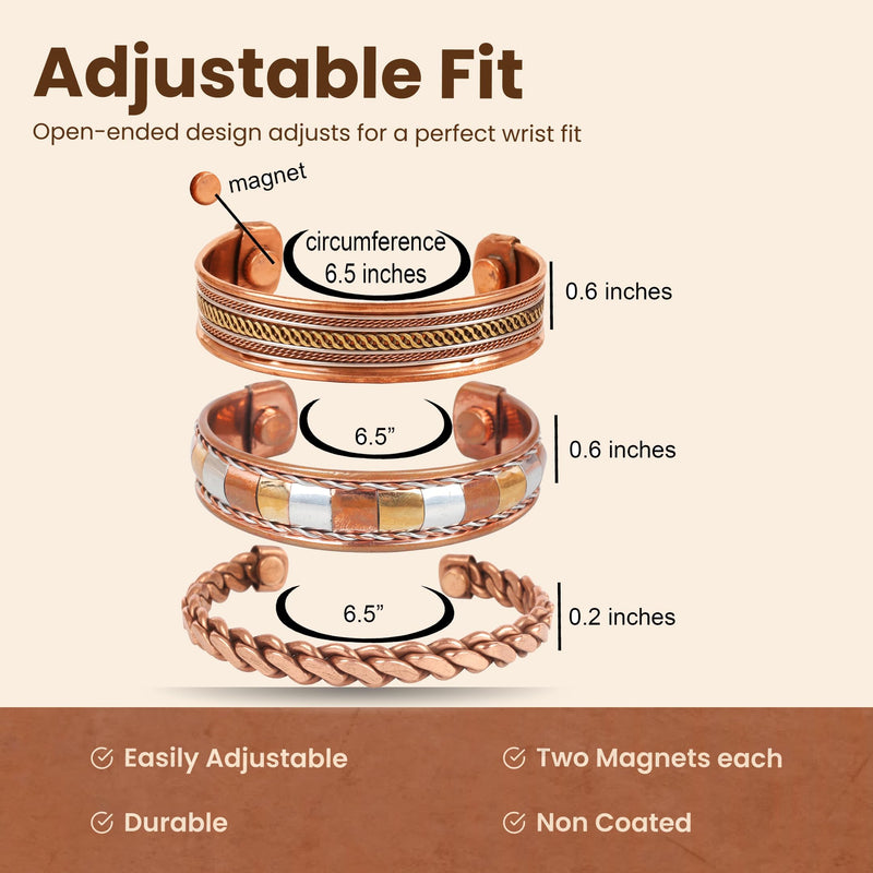 [Australia] - Touchstone copper bracelets | gift for men women |adjustable 100% pure solid real magnetic jewelry | handmade bracelet set combo | rope braided tibetan bangles. Two tone 3 