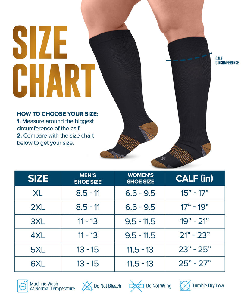 Doctor's Select Copper Plus Size Compression Socks Wide Calf - 2 Pairs | 20-30mmHg Extra Wide Calf Compression Socks Women | Copper Socks for Swelling, Varicose Veins | Extra Wide Calf Compression Socks | Black Wide Compression Socks for Women & Men