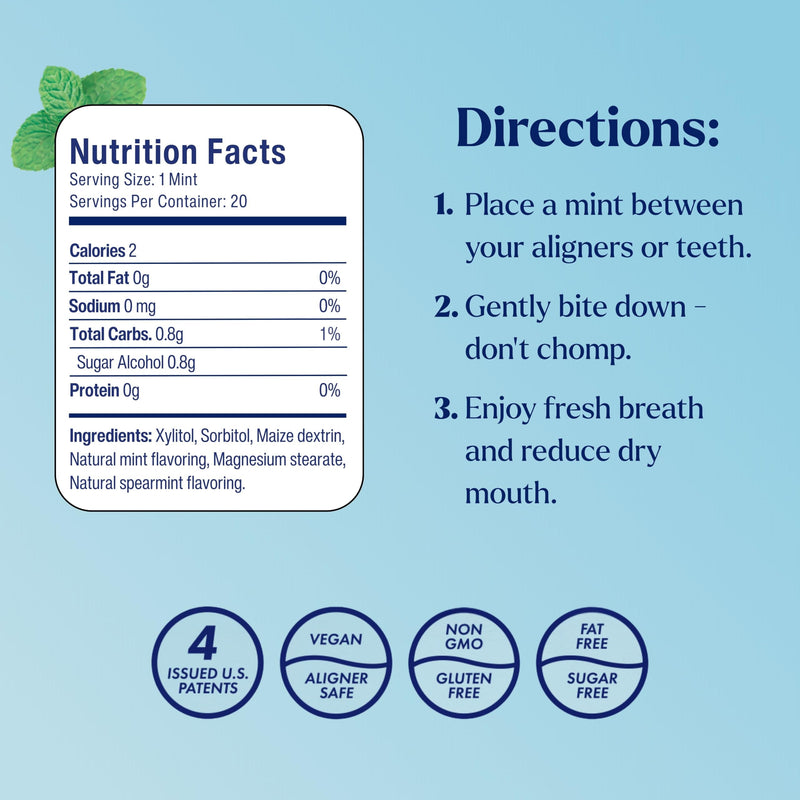 [Australia] - Clear Aligner Mints - Patented, Edible Alternative to Chewies - Freshen Breath and Improve Dry Mouth with Xylitol - Spearmint (3 Pack) 20 Count (Pack of 3) 