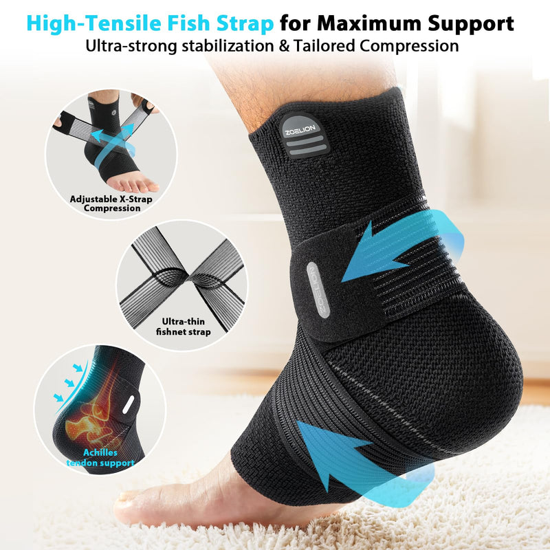 Ankle Brace Compression Support with Removable Fishnet Strap, 3D Knit Plantar Fasciitis Relief Achilles Tendonitis Brace, Ankle Compression Sleeve for Pain Relief & Injury Healing, Black/L Black（Pack of 1） Large