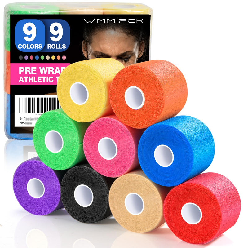 [Australia] - 9 Rolls (108 Yards) Pre Wrap Athletic Tape - 9 Colors, 3rd Gen Prewrap for Hair Soccer, Athletic Sports Wrap Foam Underwrap for Headbands, Ankles, Wrists, Hands & Knees 