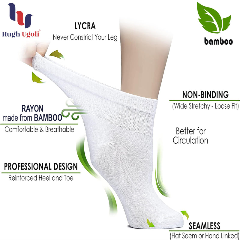 [Australia] - Hugh Ugoli Diabetic Socks for Women, Super Soft, Thin Bamboo Ankle Socks, Wide, Loose, Non-Binding Top, Seamless Toe, 4 Pairs 10-12 01- White (4 Pairs) 