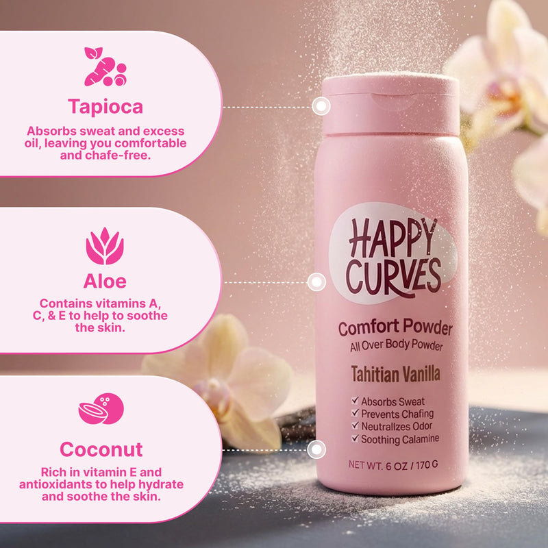 HAPPY CURVES Comfort Powder: Talc Free Anti Chafe Body & Foot Dusting Powder Deodorant to Control Inner Thigh Chafing, and Private Areas 6oz (Pack of 1) - Tahitian Vanilla 6 Ounce (Pack of 1)