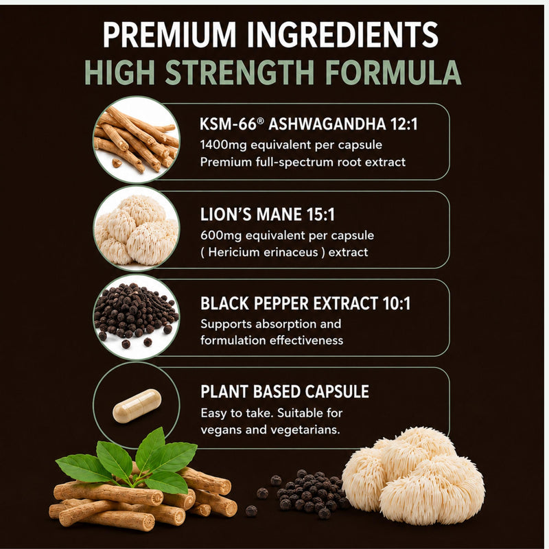 OQO Ashwagandha KSM-66 & Lion's Mane Capsules | High Strength 1400mg Ashwagandha & 600mg Lion's Mane | with Black Pepper Extract | Vegan & Vegetarian Friendly | 120 Capsules