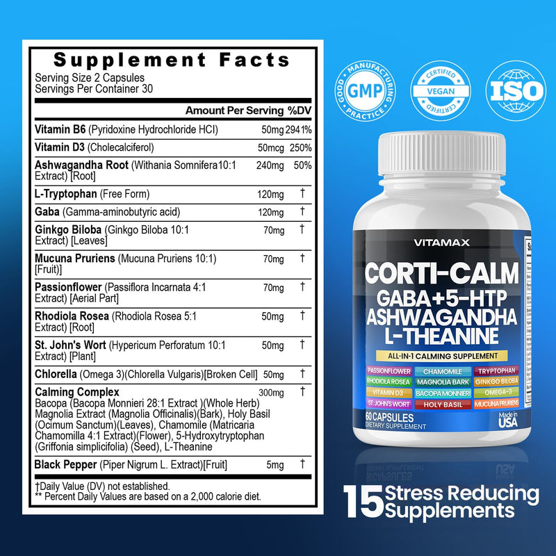 Corti-Calm Cortisol Supplement, L Theanine, Ashwagandha, Vitamin D 3, GABA for Relaxation, Fatigue & Focus with Ginkgo Biloba, Bacopa Monnieri, 5-HTP – Non-GMO, Made in USA – 60ct