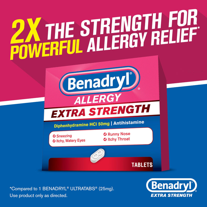 Benadryl Extra Strength Antihistamine Allergy Relief Medicine, 50 mg Diphenhydramine HCl Tablets for Relief of Allergy Symptoms Due to Hay Fever or Other Upper Respiratory Allergies, 24 ct 24 Count (Pack of 1)