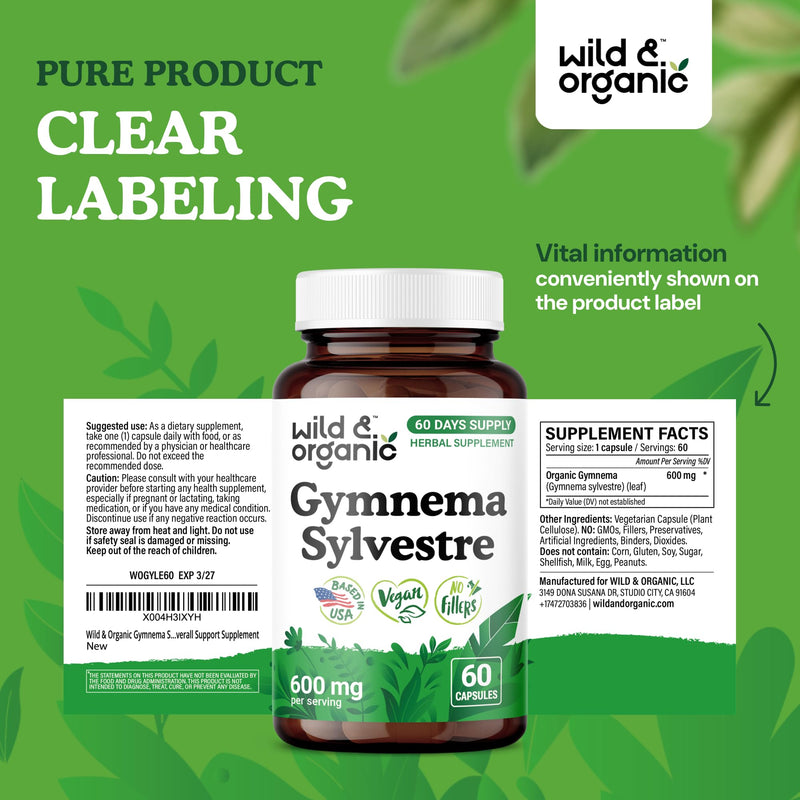 [Australia] - Wild & Organic Gymnema Sylvestre Capsules 600 mg - Overall Support - Gymnema Sylvestre Supplements - Gurmar Leaf Powder - 60 Days of Supply - Vegan, No Fillers, Non-GMO - 60 Count 